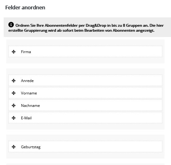 Abonnentenfelder anordnen in newsletterprofi.services